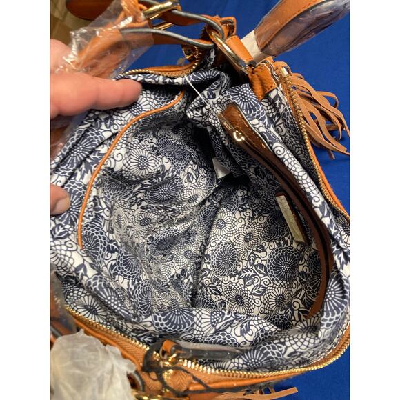 NEW Moda Luxe Brown Large Hobo Crossbody Hand Bag Purse Fringe Leather Polyure - Picture 9 of 13